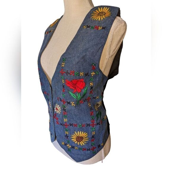 Agaro vintage blue vest with embroidered flowers size medium - Picture 3 of 8